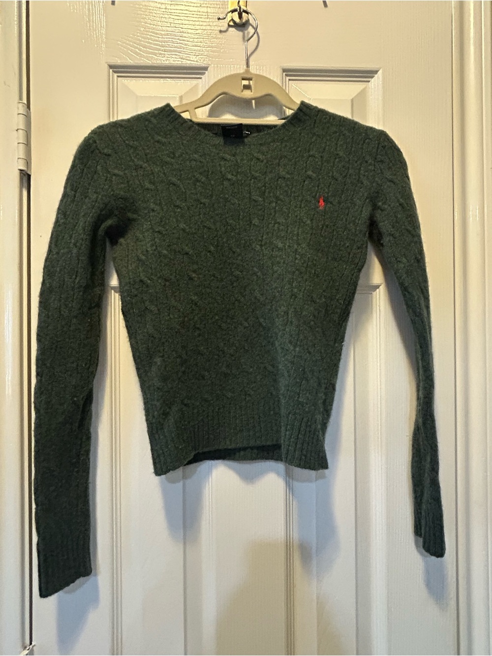Ralph Lauren Green Cable Knit Sweater with Red Polo Logo